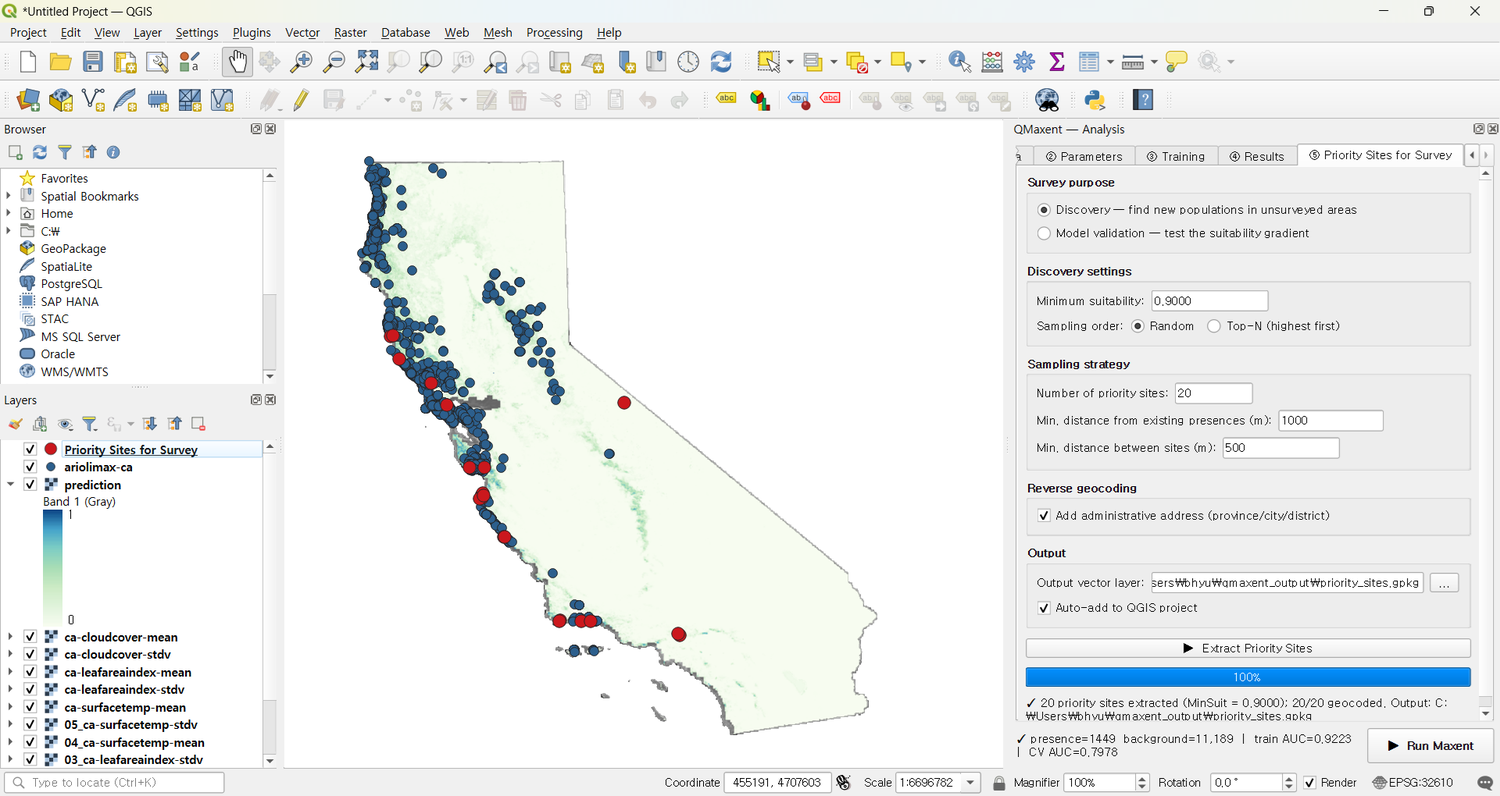 Priority sites for Ariolimax overlaid on the suitability map