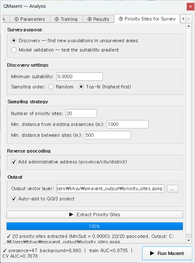 Priority Sites form — Discovery mode, Top-N, 20 sites, 1000 m / 500 m spacing