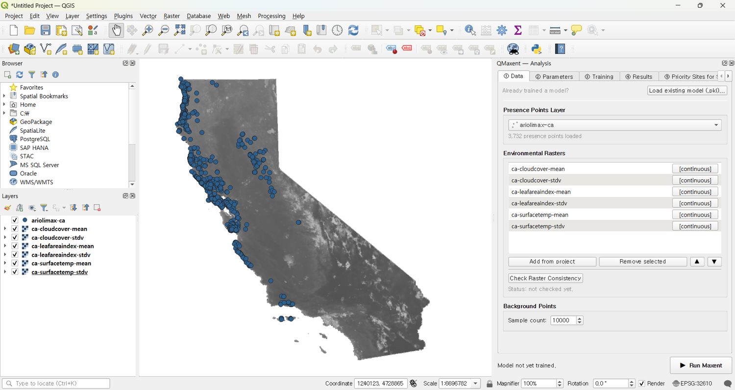 Ariolimax presence points overlaid on environmental rasters across coastal California