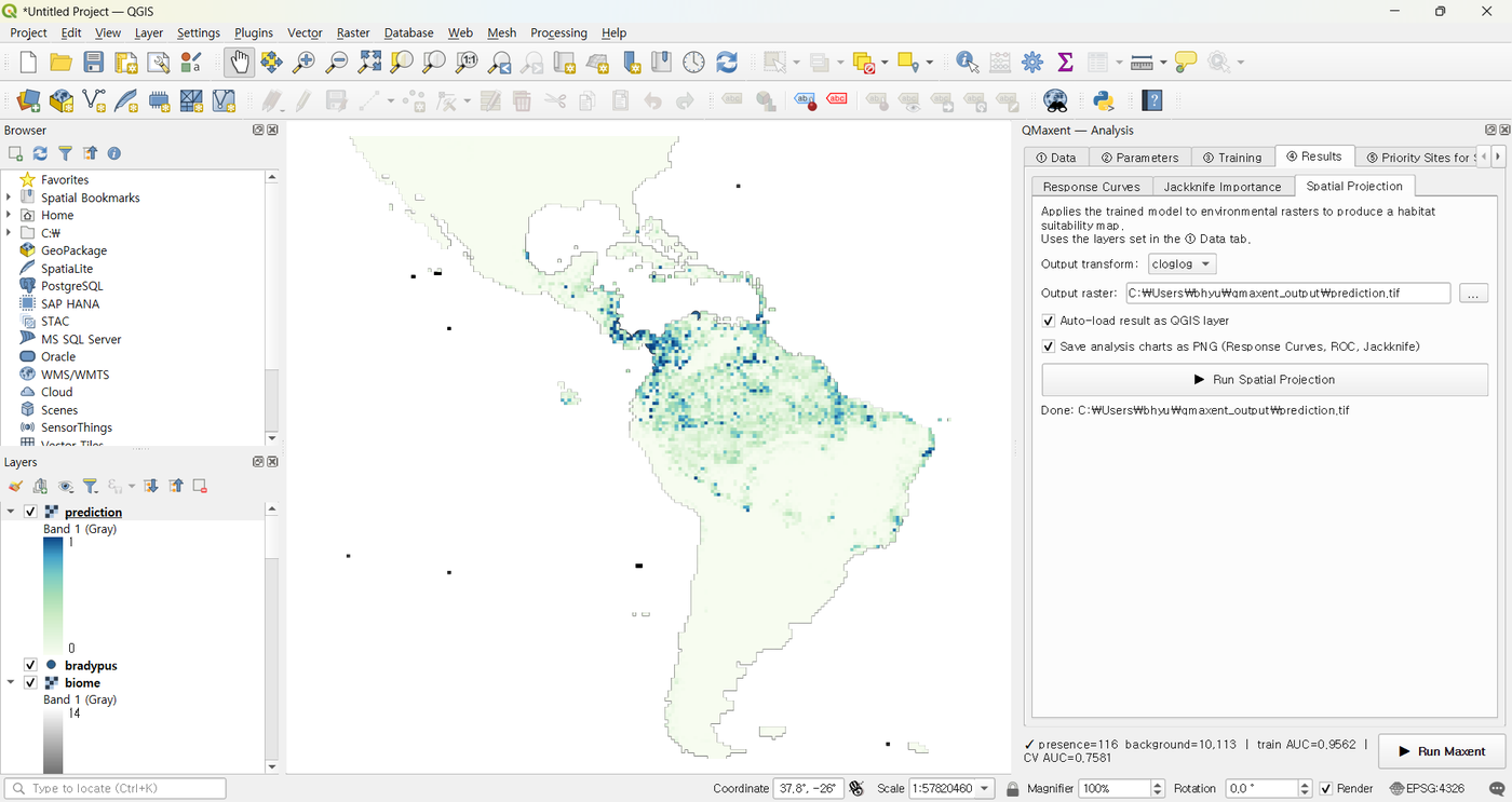 Bradypus habitat-suitability map across Central and South America