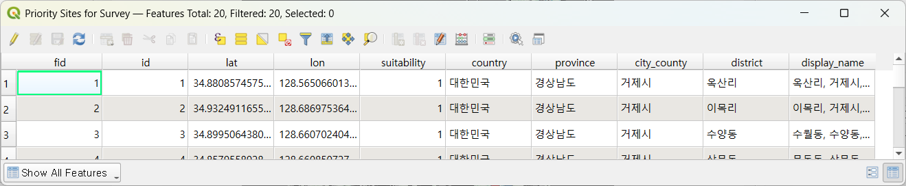 Priority Sites GeoPackage attribute table with reverse-geocoded addresses