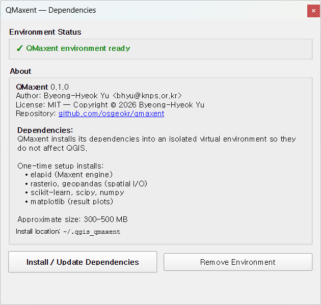 QMaxent Dependencies dialog after install showing Status: ✓ QMaxent environment ready
