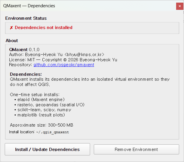 QMaxent Dependencies dialog before install showing Status: Dependencies not installed