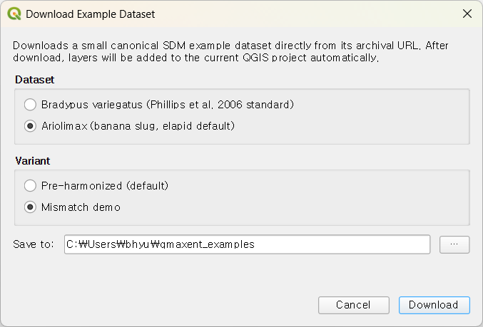 Download Example Dataset dialog with Ariolimax + Mismatch demo selected