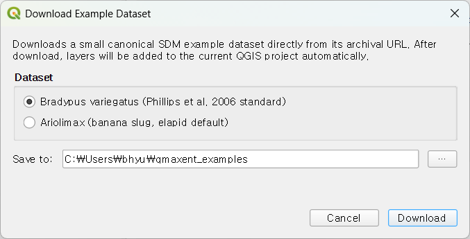 Download Example Dataset dialog with Bradypus selected