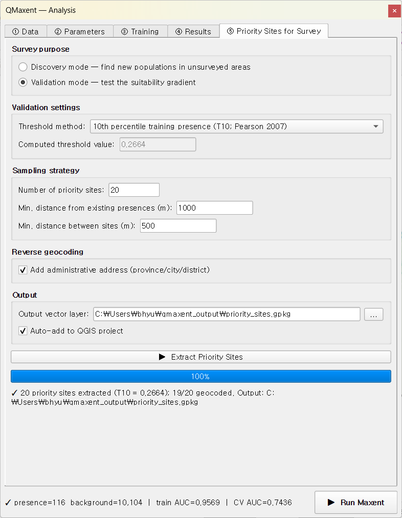 Priority Sites tab in Validation mode — quartile stratification settings