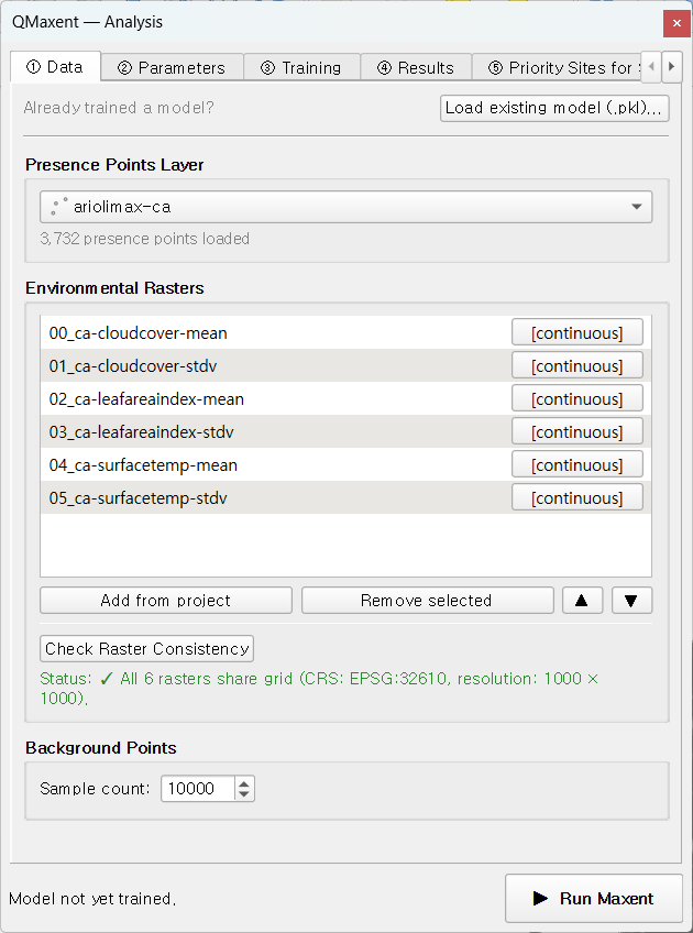 Data tab with the harmonized stack — files prefixed 00_, 01_, … and Check Raster Consistency reporting All 6 rasters share grid (CRS:32610, 1000×1000)