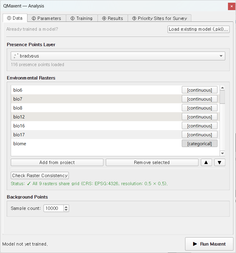 Bradypus presence layer, 9 environmental rasters, biome categorical, Check Raster Consistency passed