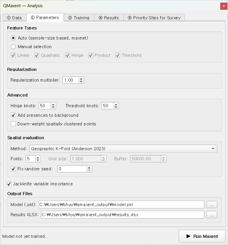 Parameters tab with default settings