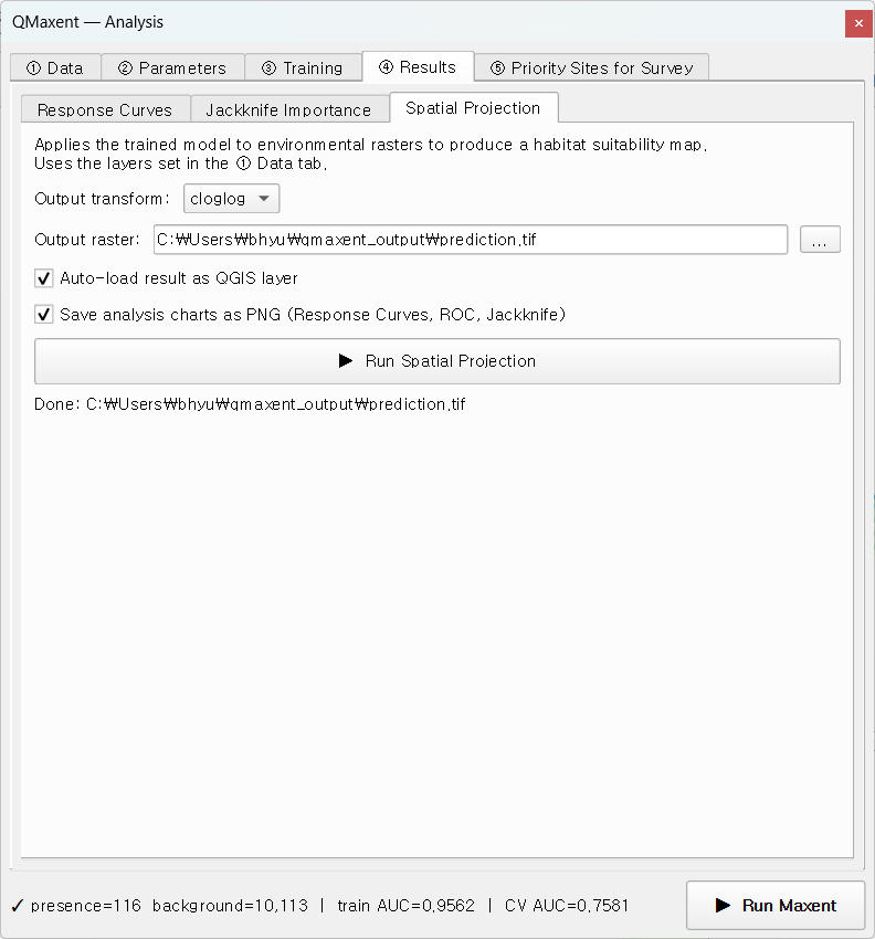 Projection sub-tab after a successful run — output GeoTIFF path shown
