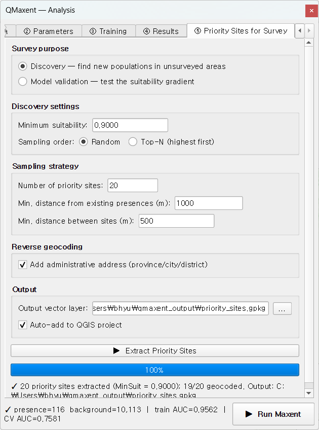 Priority Sites tab after extraction with the candidates rendered on the QGIS canvas