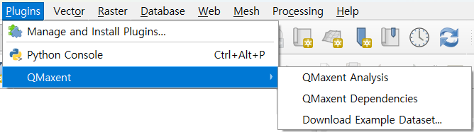 Plugins → QMaxent menu showing the three entry points: Analysis, Dependencies, Download Example Dataset
